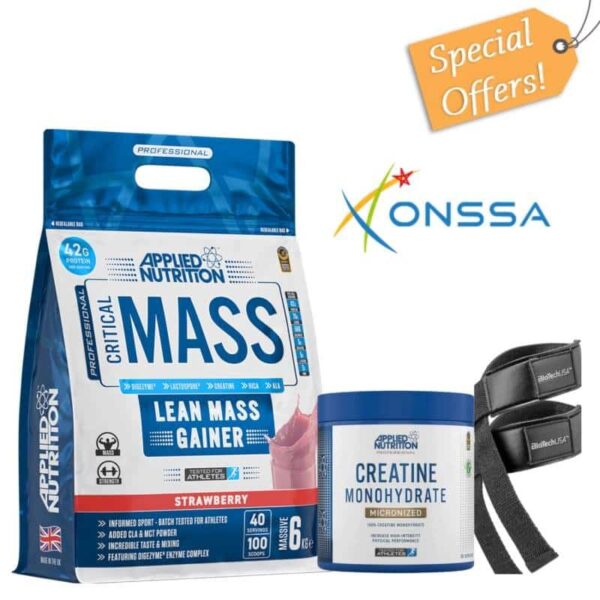 PACK CRITICAL MASS 6KG CHOCOLATE + APPLIED CREATINE MONOHYDRATE 300G + STRAPS BIOTECH