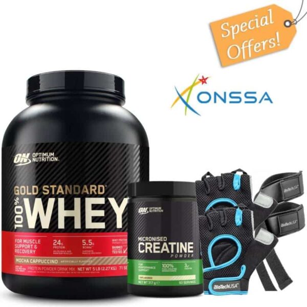 PACK GOLD WHEY STANDARD 2.27KG – OPTIMUM CREATINE MONOHYDRATE 300G – GANTS – STRAPS