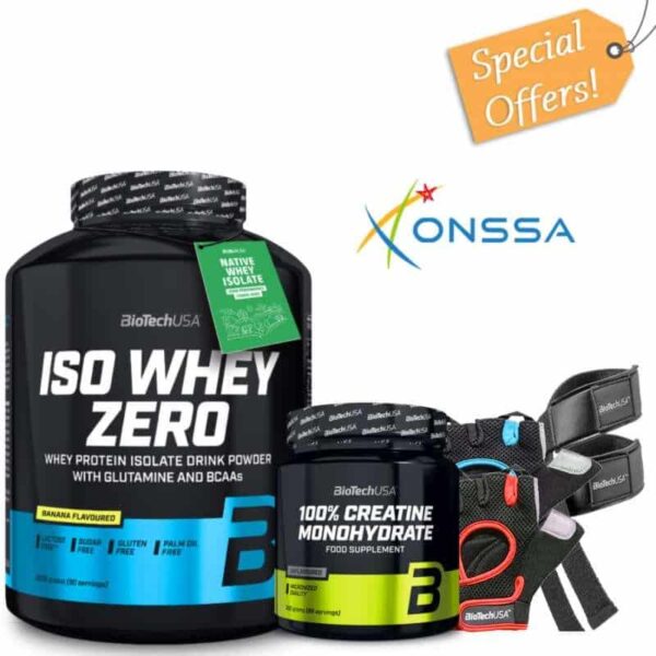PACK ISO WHEY ZERO BIOTECH 2.27KG – BIOTECH CREATINE MONOHYDRATE 300g – GANTS – STRAPS