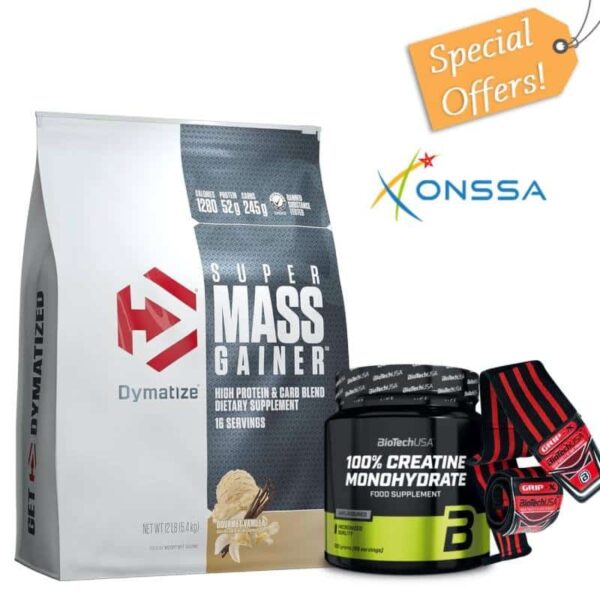 PACK SUPER MASS GAINER 5.5KG – BIOTECH CREATINE MONOHYDRATE 300G + BANDE DE POIGNET BIOTECH