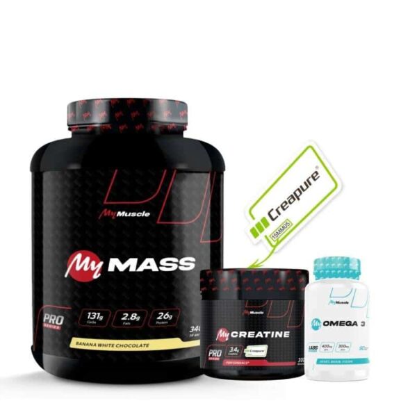 PACK MY MASS GAINER 3KG – CREAPURE MONOHYDRATE 300G – OMEGA 3 90CAPS