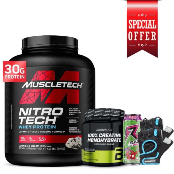 PACK NITRO TECH WHEY PROTEIN – CREATINE BIOTECH USA – ENERGY DRINK – GANTS